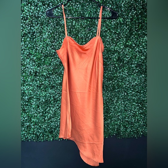 2 Orange Silk dresses; halter and asymmetrical spaghetti strap; Size medium - Picture 4 of 5